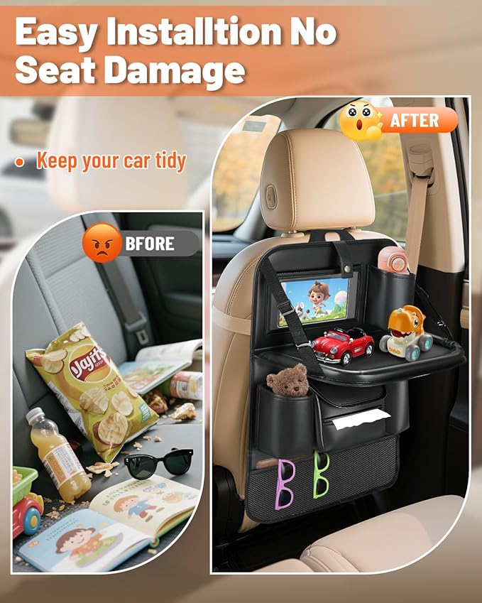2 Pack Leather Car Backseat Organizer with Foldable Table Tray, Garbage Bag Hook, Protector Kick Mats for Kids, 8 Large-Capacity Pocket, Universal Car Seat Protector for Kids, Pets & Travel
