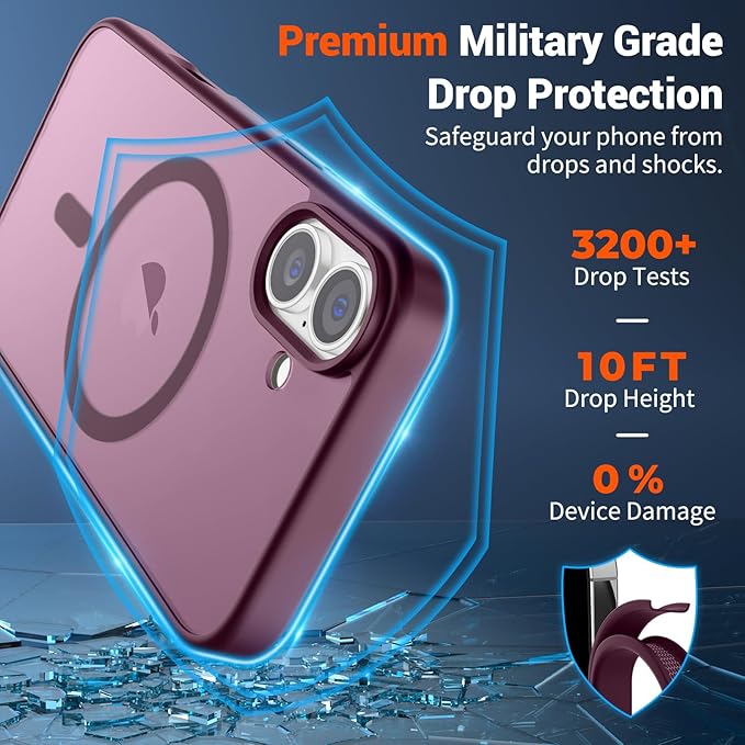 SUPFINE Magnetic for iPhone 16 Case (Compatible with MagSafe) (Military Grade Drop Protection) Slim Translucent Matte Shockproof with Anti-Fingerprint Phone Case,Wine Red