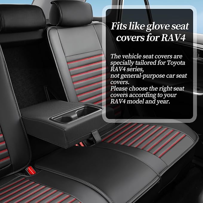 Fit RAV4 Car Seat Covers Set for Toyota RAV4 2019-2024 2025 Hybrid SE/XSE/LE/XLE/XLE Premium/Limited Automotive Cushion Protector Replacement, Waterproof Faux Leather(Black+Red)