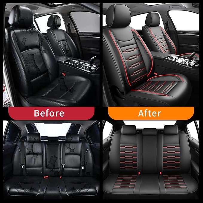 Fit Elantra Car Seat Covers for Hyundai Elantra 2017-2024 2025 2026 - Upgraded Premium Waterproof & Breathable Leather,Airbag Compatible, All-Weather Seat Cushion Protector(Full Set,Black+Red)
