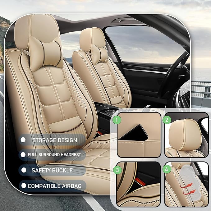 Leather Car Seat Covers Fit for Toyota Highlander Hybrid 2006-2024, 5 Seater Car Seat Cover, Premium Waterproof, Scratch Resistant Car Interior Accessories (Full Set with Pillow Beige)