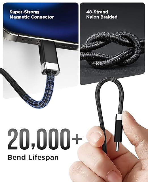 Magtame USB C to USB C Cable 5FT, StayCable with Built-in Magnetic Organizer for Nightstand, Desk and Car, 60W Fast Charging Cord with 2 Adhesive Metal Plates, Braid Type-C Cable for iPhone 17 16