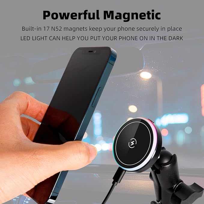 15W Magnetic Wireless Charging Phone Holder with 3.54" Medium Arm for MagSafe, 1" Ball Mount Adapter for RAM Mounts, Compatible with iPhone 17/16/15/14/13/12 Series