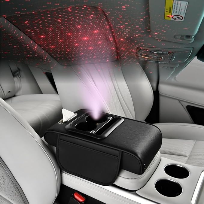 Car Armrest Pad Cover with Red Starry Sky LED Projection, Dual Type-C Charging Ports, Leather Car Center Console Cushion with Cup Holder, Tissue Holder (Red Starry Sky LED Projection, Black)