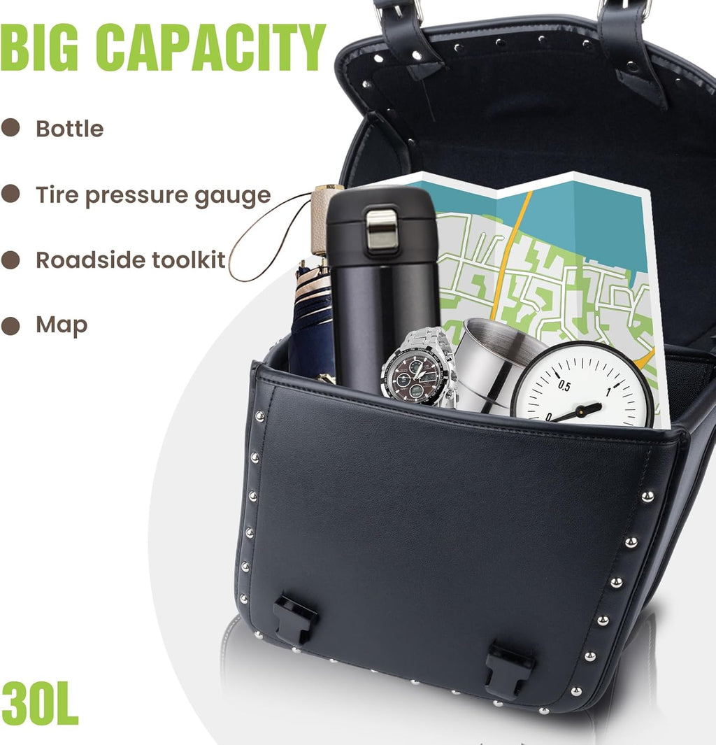 30L Motorcycle Saddlebags Water-Resistant PU Leather Storage for Harley Sportster Softail Dyna Honda Shadow, Quick-Install Design with Reinforced Straps, Universal Fit Large Capacity Luggage Bags