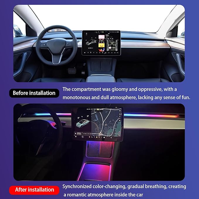 LED Car Ambient Lighting Strip for Tesla High Brightness with APP Control Multiple Colors and Car LED Strip Lighting Neon Lights for Model 3/Y (Dashboard)