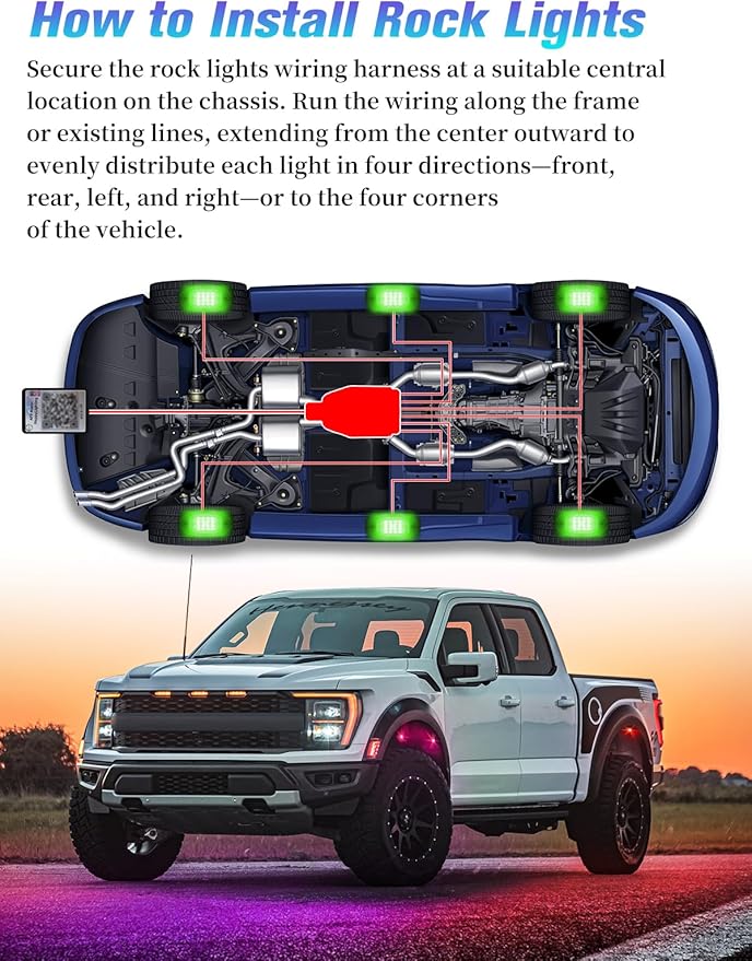 6 Pods RGB LED Rock Lights with APP/RF Remote Control High Brights Waterproof Underglow Multicolor Zone Neon Exterior Rock Lights for 12V Trucks Jeep UTV ATV RZR Offroad Pickup SUV Accessory