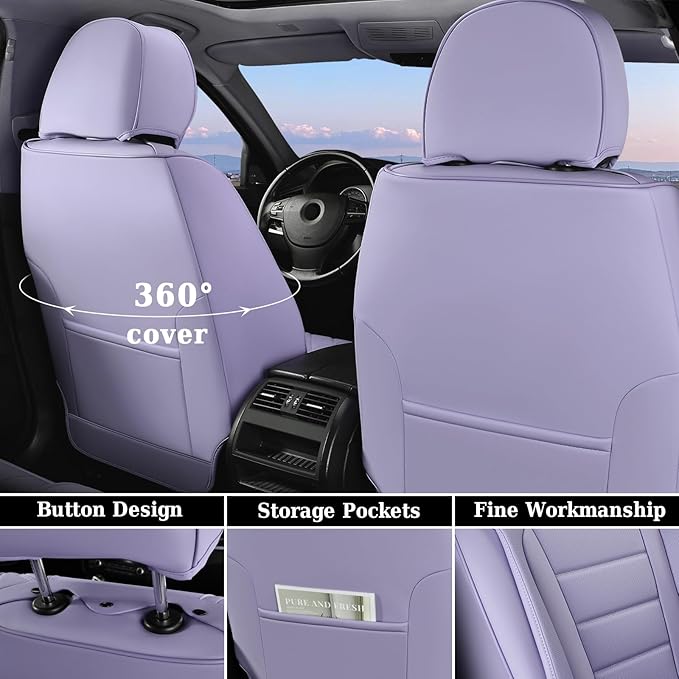 Coverado Car Seat Covers Full Set, Nappa Leather Seat Covers for Cars, Car Seat Protector Car Seat Cushion, Front and Back Seat Protectors Cushions Universal Fit for Most Cars Vehicles(Purple)