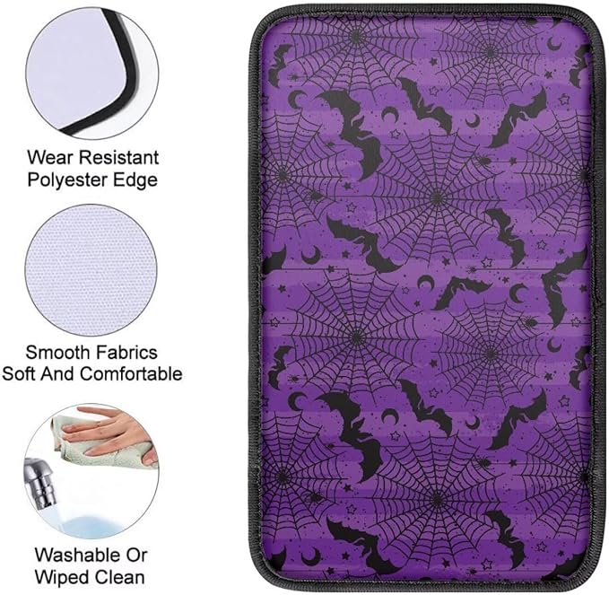 Dreaweet Center Console Cover Purple Arm Rest Cover Pad Halloween Car Accessories Decor Universal Anti-Scratch Car Armrest Storage Box Mat Easy to Install,Spider Web Bat