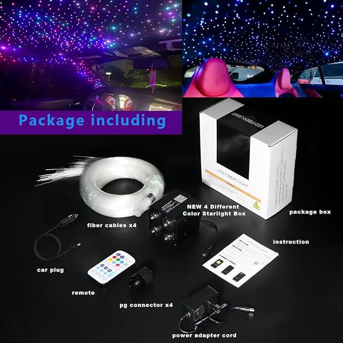 AZIMOM 4Port 36W Twinkle Mixed860pcs 13.1ft Fiber Optic Starlight Headliner Kits 4Colors Light Source Sound Activated Remote APP Control Home Indoor Ceiling Car Headliner Decoration