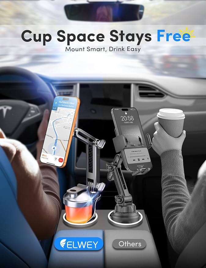 ELWEY Cup Holder Phone Holder for Magsafe, Car Phone Holder Magnetic, Upgraded 2 in 1 Cup Holder Phone Mount with Dual Adjustable Bases, Powerful N55 Magnet, 15" Height, for iPhone 17 Pro Max 16 15