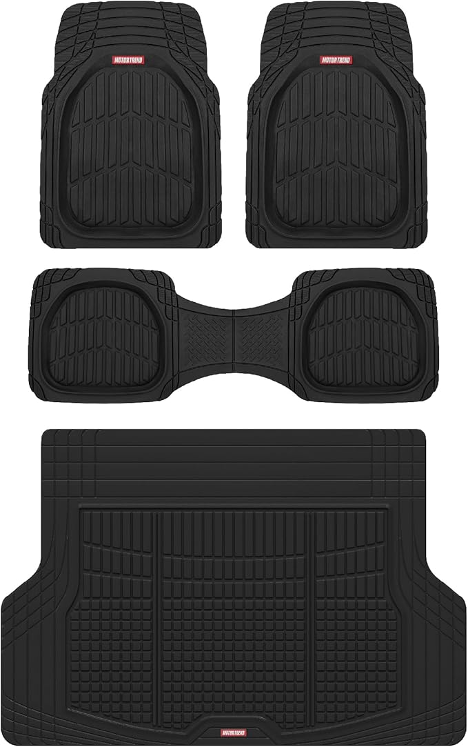 Motor Trend FlexTough Contour Liners Deep Dish 3 pc Rubber Floor Mats & Trimmable Trunk Liner Cargo Mat - Heavy Duty All Weather Protection Car Mats with Traction Grips Car Accessories (Black)