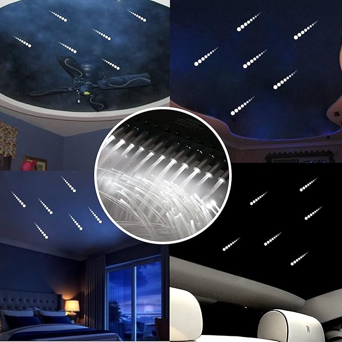 AMKI 96pcs*0.04in*9.8ft Pure White Meteor Shooting Stars Effect Fiber Optic Lights Kit,12 Holes LED MeteorLight Engine with Bluetooth+RF Remote Control 20 Meteor Modes