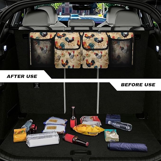 Chicken Rooster Car Trunk Organizer Collapsible Back Seat Large Storage Organizer Bag Auto Trunk Cargo Organizer Groceries Tote Fits for SUV Trucks Sedan