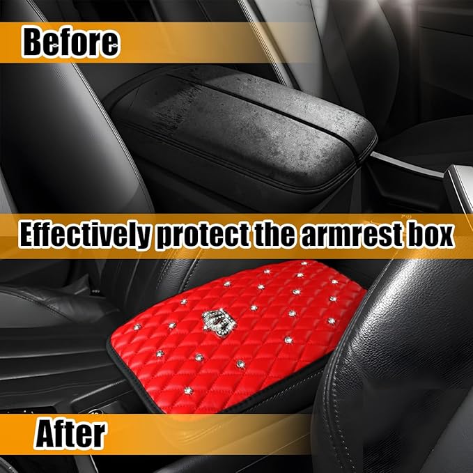 Mandark Bling Car Center Console Cover, Rhinestones Crown Vehicle Armrest Seat Box Mat Pad, Diamond Automotive Interior Arm Rest Cushion Protector Decor Accessories, Universal Fit(Red)