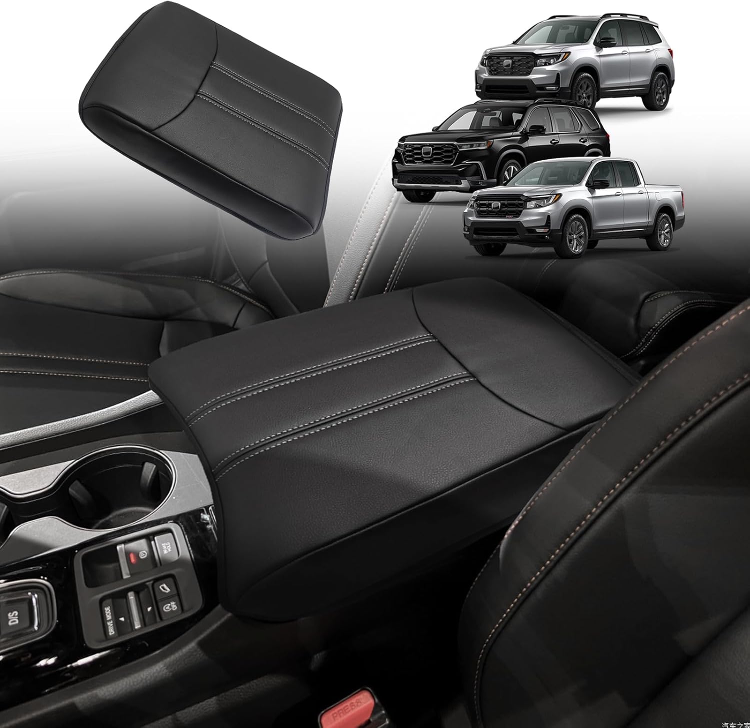 Muslogy Center Console Cover Compatible with Honda Pilot 2023 2024 2025, 2024-2026 Ridgeline/Passport Accessories Armrest Pad Lid Cushion Console Protector Vegan Leather Extra Soft(Black/White Trim)