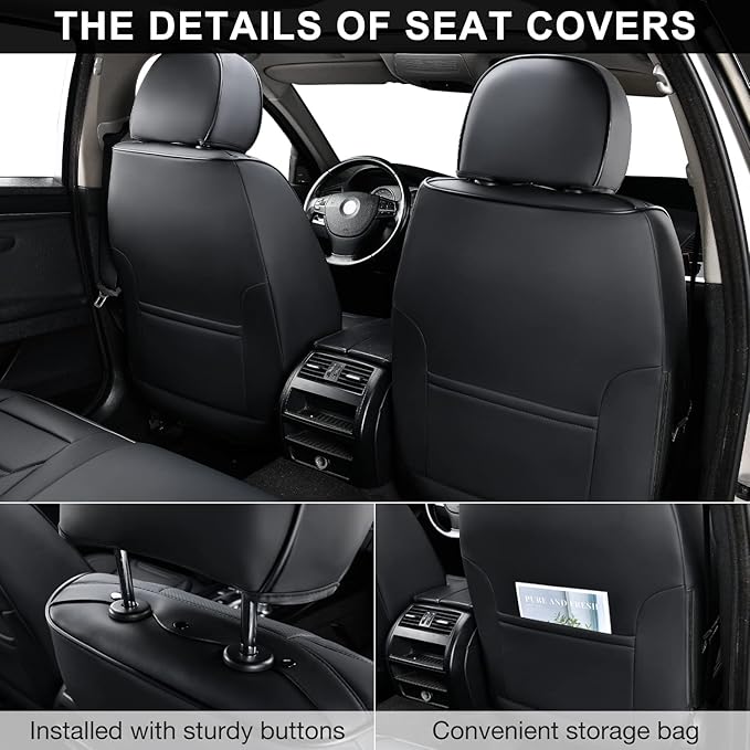 Black Car Seat Covers Full Set, Breathable Leather Automotive Front and Rear Seat Covers & Headrest for Comfortable Driving, Universal Auto Interior Fit for Most Kinds of Vehicles, Cars