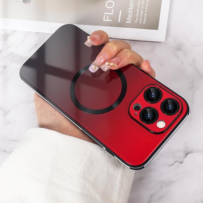 Guppy Compatible with iPhone 12 Pro Max Magnetic Case, Magnetic Gradient Case with Charging, Gradient Glass Back Cover with Lens Film-Red