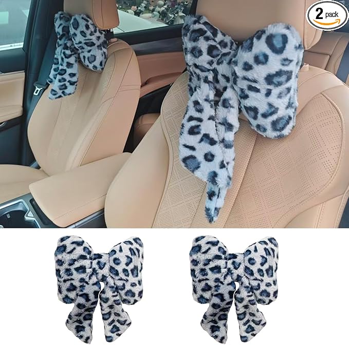 2PCS Cute Bow Car Headrest Pillow, Soft Breathable Leopard Plush Car Neck Support Pillow, Comfortable Warm Ergonomic Auto Interior Head Rest Cushion for Women, Girl (Blue)