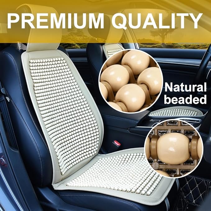 JSCARLIFE Tilia Wood Beaded Car Seat Cover - Breathable Ergonomic Driver Cushion for Cars/Trucks/SUVs | Hand-Knotted Beads, Lumbar Support & Cooling Tech (Beige)