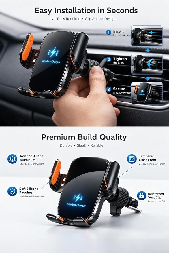 Car Phone Holder with Wireless Charger, Auto Clamping Car Mount, Fast Charging Phone Holder for iPhone & Android, Dashboard Windshield Air Vent Mount