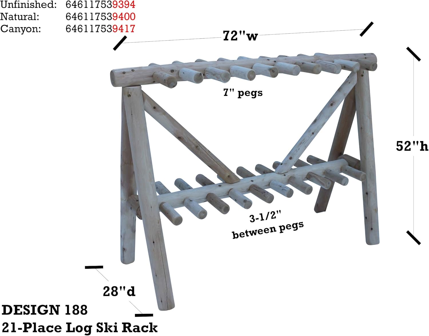 21-Place Freestanding Log Ski Rack Holder, Indoor & Outdoor Snowboard Racks, Standing Storage, Garage Racks for Snow Skis & Poles, Snowboard Rack Garage Storage Organizer - Unfinished + 15" Anchor Kit