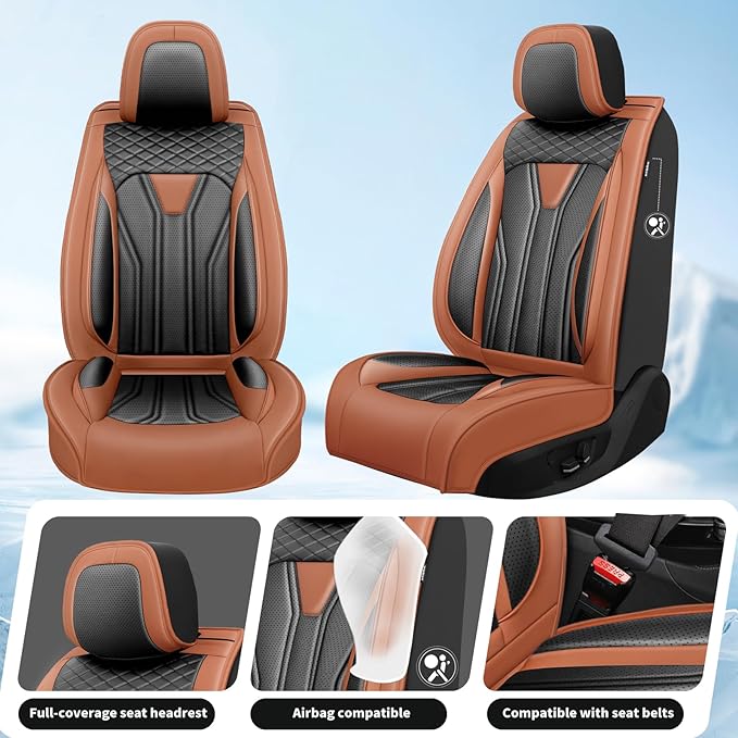 Fit Murano Car Seat Covers Compatible with Nissan Murano 2004-2025 2026 - Premium Leather， Waterproof Breathable， All-Weather Seat Cushion Protecto&Airbag Compatible (2 Front Seat Brown&Black)