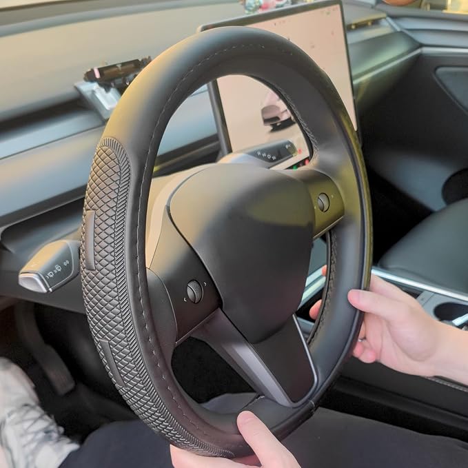 D Shape Steering Wheel Cover for Tesla Model 3 / Y, for Camaro, 14-14.25 Inch Black Leather Car Wheel Cover for Men Women