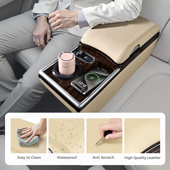 Coverado Center Console, Universal Bench Seat Center Console with Wireless Charging & Cup Holder & 7 Light Modes, Truck Back Seat Car Organizer, Rear Central Car Armrest Box with Storage, Beige