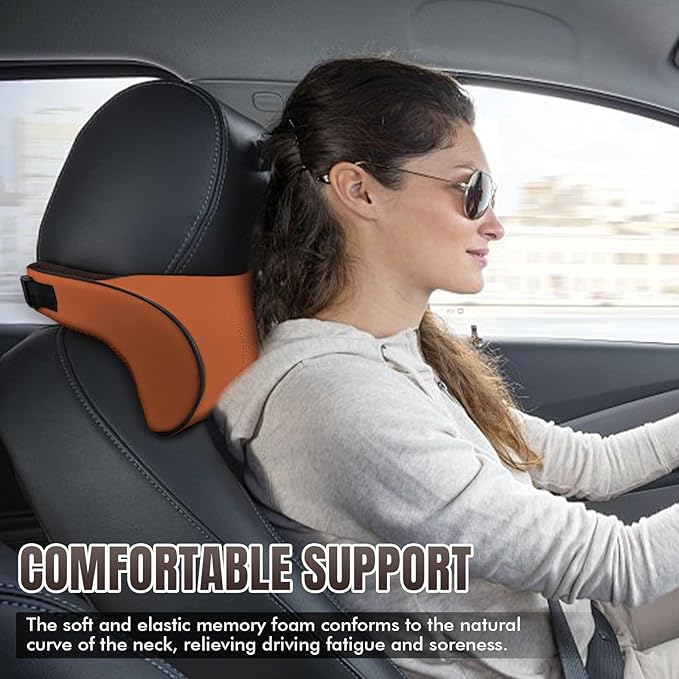 Car Neck Pillow with Memory Foam, Soft Comfortable Headrest Pillow for Driving, Ergonomic Design, Auto Seat Neck Support Pillows Head Rest Cushion with Breathable Leather Cover (Brown)