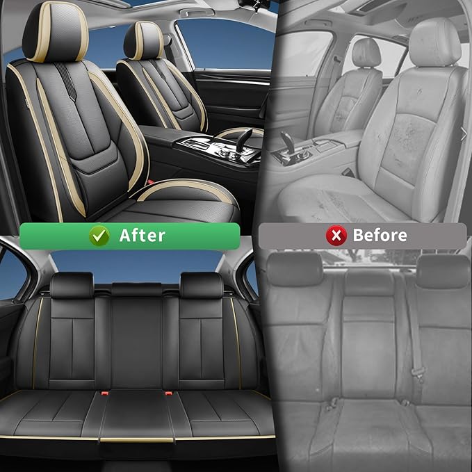Fit Santa Fe Car Seat Covers for Hyundai Santa Fe 2007-2025 2026 -Upgraded Premium Waterproof & Breathable Leather,Airbag Compatible,All-Weather Seat Cushion Protector,2 Front/Black-Beige