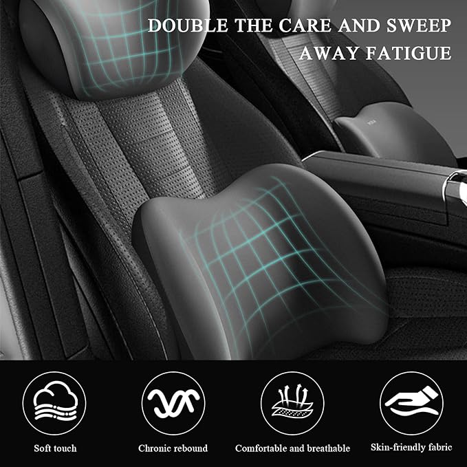 Car Headrest & Lumbar Support Cushion, Ergonomic Memory Foam Car Neck Back Support w/Removable Cover, Universal Breathable Lumbar Cushion Headrest Pillow with Adjusatble Strap (Gray)