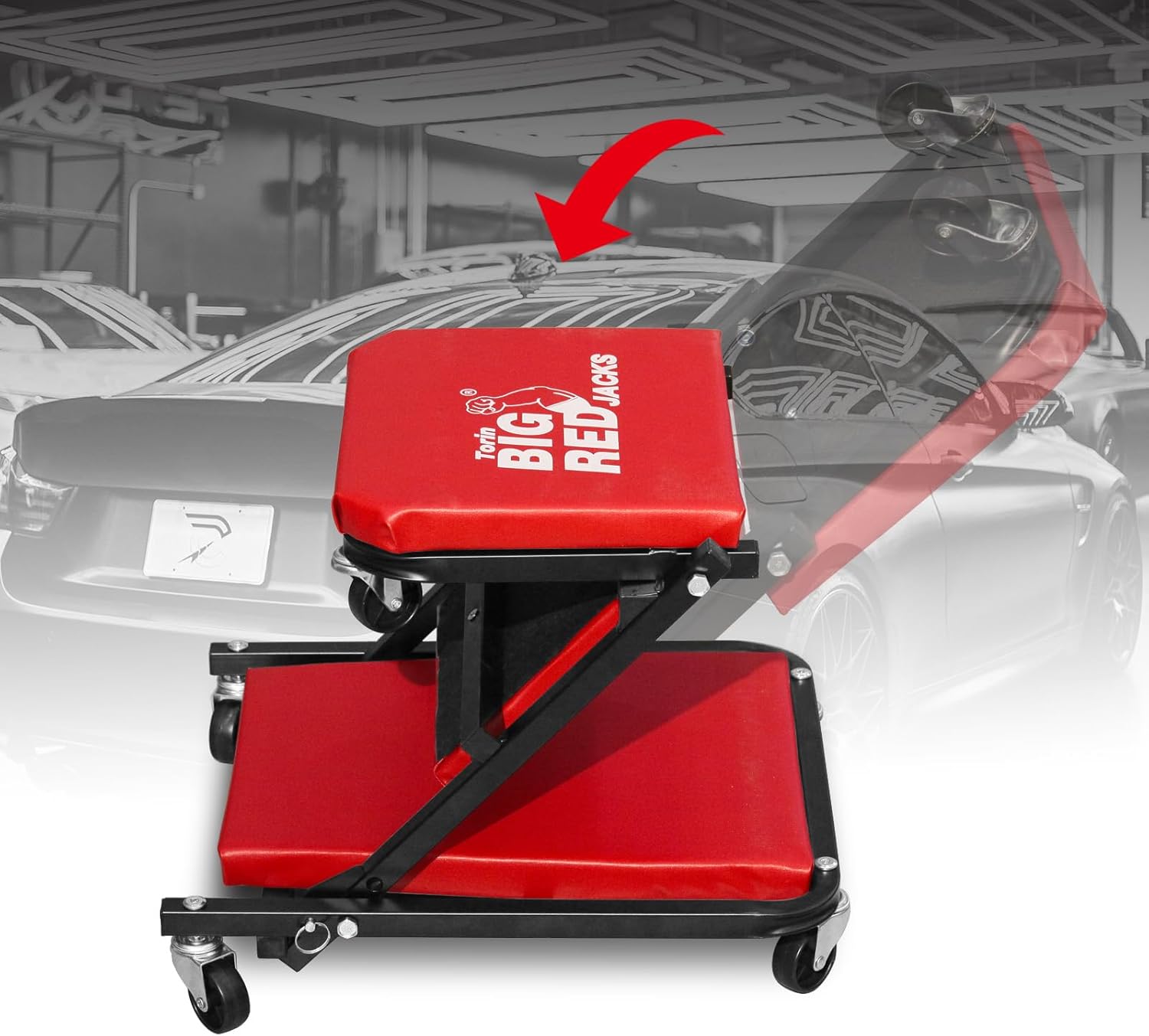 BIG RED ATR6036ZER 36" Foldable Z-Creeper Seat: 2-in-1 Garage Shop Creeper for Auto Repair with 6 Wheels, 300 Lbs. Capacity - Red