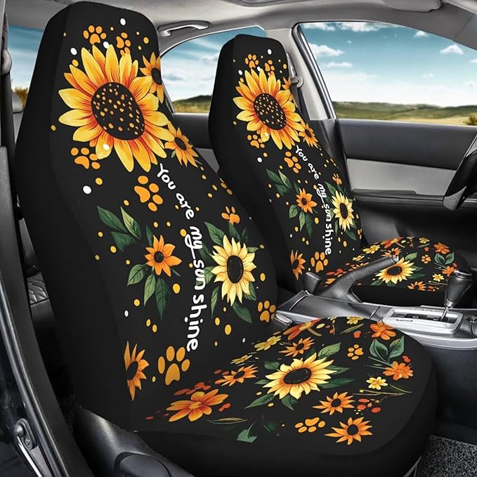 BIGCARJOB Sunflower Car Accessories Set 2 Pcs Dog Paw Sunflower Car Seat Cover Full Set for Women Girls Cute Auto Interior Seat Protector Saddle Blanket,Universal Fit