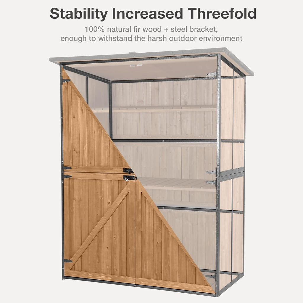 Outdoor Storage Shed with Floor - Waterproof Natural Fir Cabinet with Adjustable Shelves and Double Lock for Anti-Theft - Suitable for Storing Garden Tools, and Household Debris (Brown)