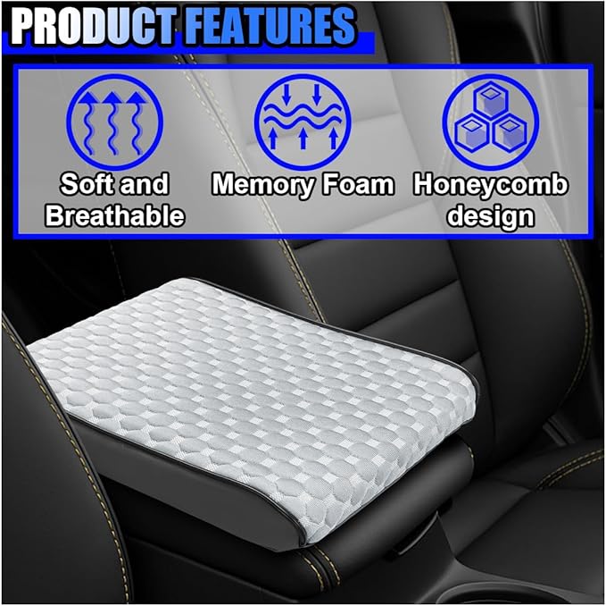 Cool Car Center Console Cushion Pad, Comfortable Ice Silk Car Armrest Cover, Breathable Vehicle Armrest Seat Box Pad Memory Foam, Auto Interior Protection Accessory, Universal for Summer (Black/Grey)