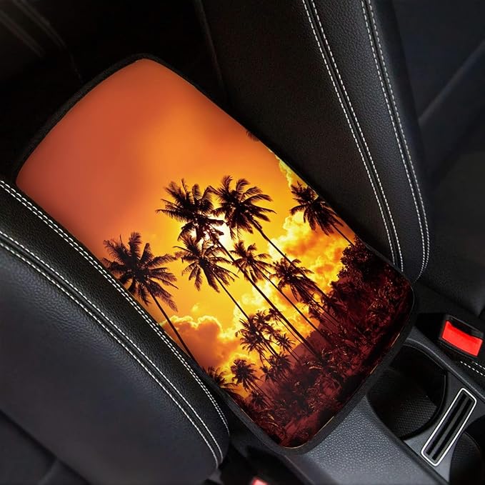 Coldinair Tropical Gold Sunset Beach Palm Trees Print Car Center Console Pad Soft Armrest Protector Cover Fit for Most Vehicle,SUV,Truck,Washable