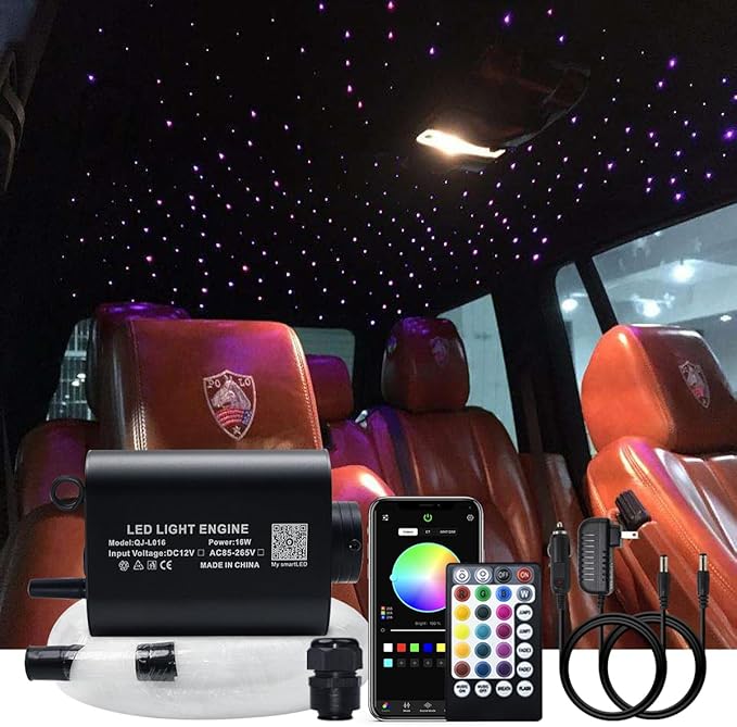 AKEPO 16W Fiber Optic Starlights Headliner Kit 300 Strands 0.03in 6.5ft/2m, Bluetooth APP Control+Music Activated Optical Fiber Light Kit for Car/Truck/Home Use