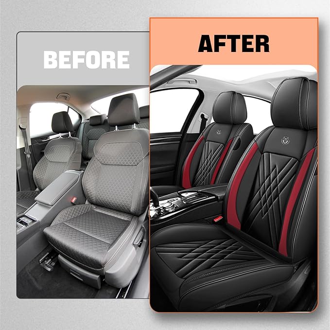 Car Seat Covers Compatible with Toyota Camry 2012-2026 Durable Waterproof Automotive Seat Covers Stretchable Fabric Material, Airbag Compatibility, Premium Nappa Leather(Black Red, 2 Pcs Front)