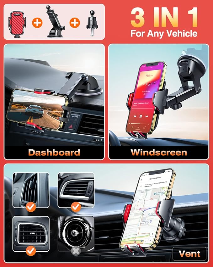 VANMASS Phone Holders for Your Car 2026 Ultimate Phone Mount Military-Grade Windshield Dashboard Vent【Newest Best Strongest】 Cell Phone Car Mount for iPhone 16 Pro Max 15 Samsung Android,Red