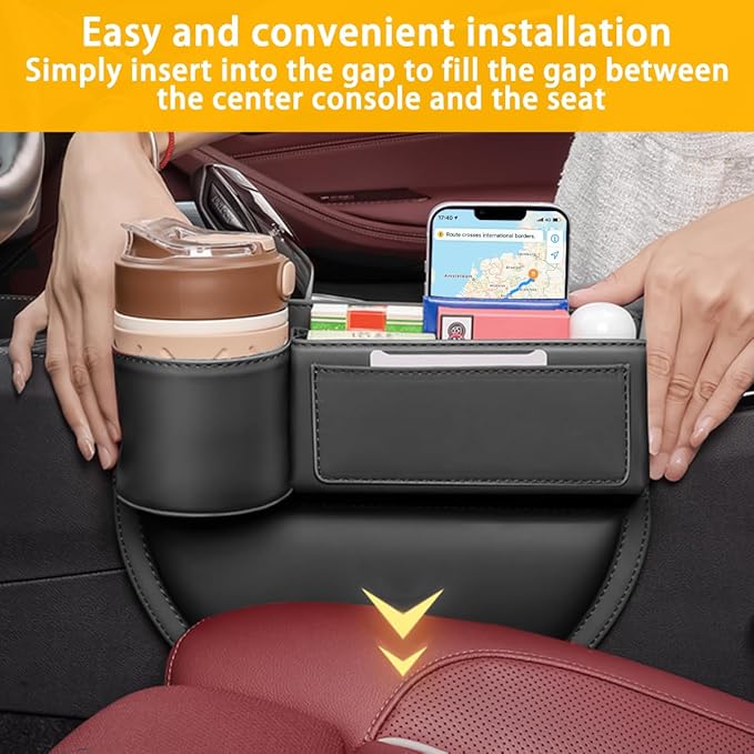 Leather Car Seat Gap Filler Organizer, Adjustable Vehicle Side Gap Storage Box, Auto Front Seat Crevice Catcher for Phones, Glasses, Keys, Universal for SUV, Sedan, Truck (Black)