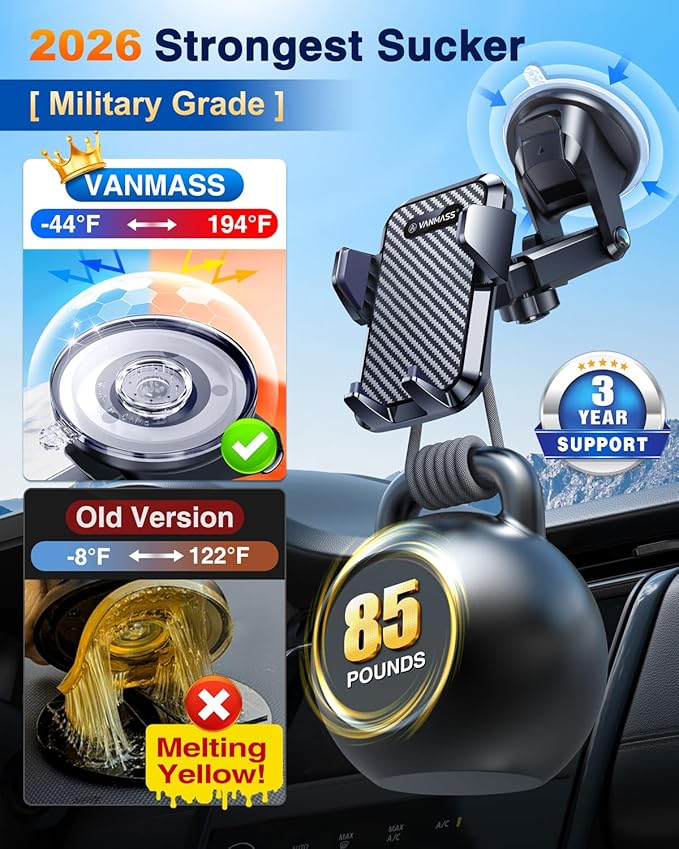 VANMASS【85+LBS Strongest Suction & Military-Grade Ultimate Car Phone Mount【Patent & Safety Certs】 Cell Holder Truck for Dash Windshield Vent for iPhone 17 Pro Max Automobile Accessory Kits,Ink Black