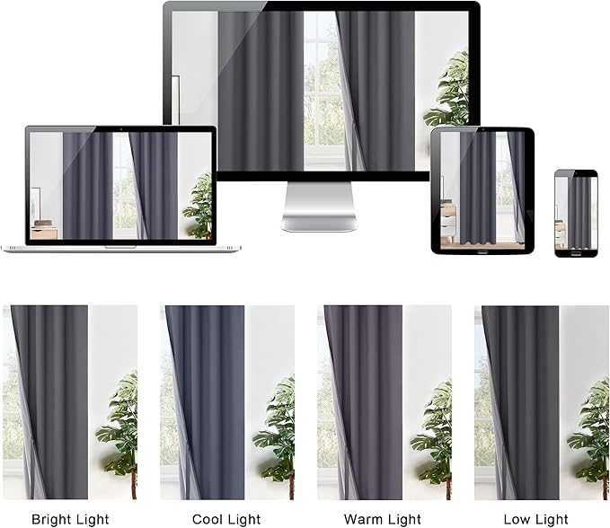 XWZO 100% Blackout Curtains 45 Inches Long with Tiebacks- Privacy Protection & Noise Blocking Window Draperies Grommet Top with Black Liner for Bedroom/Living Room, Dark Grey, W38 x L45, Set of 2
