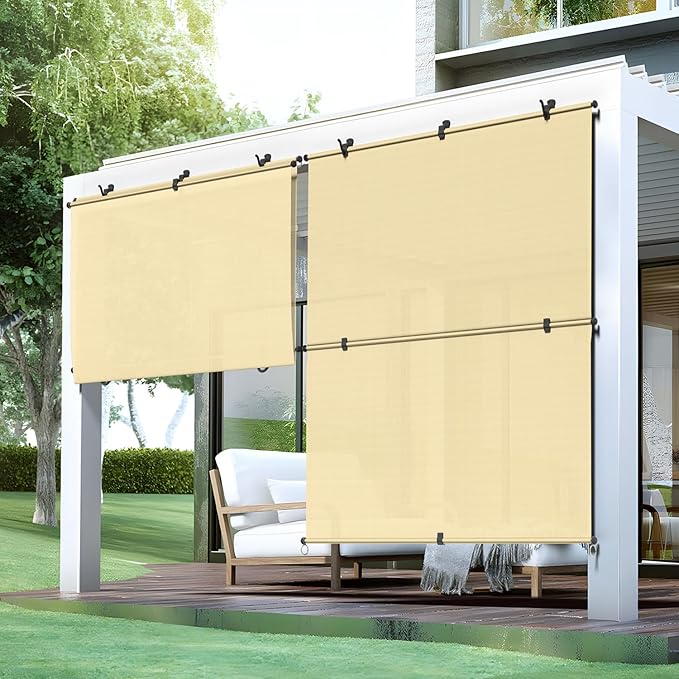 Bynbbur 7'W x 9.5'H Outdoor Patio Shades Foldable Roller Blinds, 220 GSM Sun Shade Roll Up Porch Screens Exterior Shade Cloth for Deck Pergola Backyard, Beige