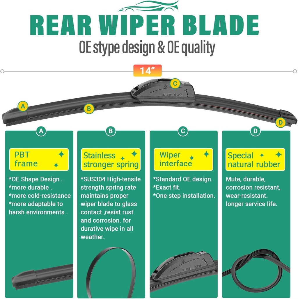 26" 18" 14" Windshield Wiper Blades Replacement for Honda Civic Hatchback 2017 2018 2019 2020 2021 Premium All Weather Front Rear Wipers Set - OEM Quality (Pack of 3)
