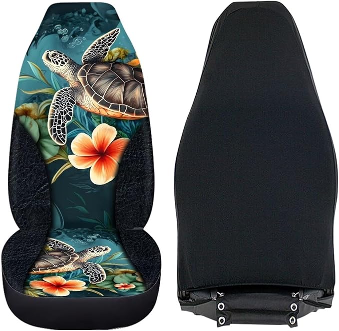 BIGCARJOB Art Sea Turtle Car Seat Cover Set for Front Seat Only,2 Pack Animal Turtle Print Auto Front Seat Protector Saddle Blanket for Women Car Interior Accessories