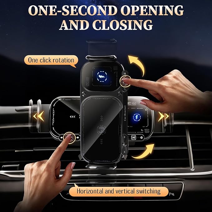 Wireless Charging Rotating Car Mount, High Intelligent 2 in 1 Auto Rotating Phone Holder, One-Click Rotation & Clamping,Car Charger Fast Charging,Universal Phone Holder for Smartphone/Pad (Black)