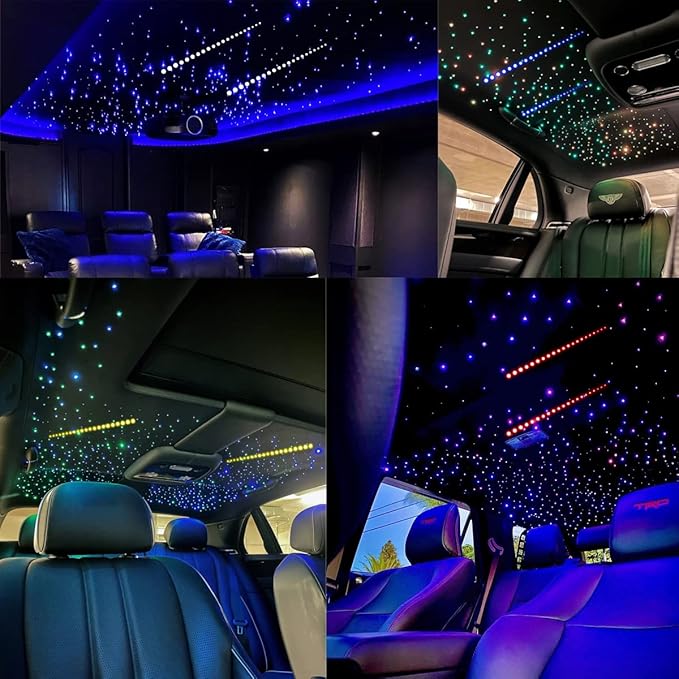 AZIMOM Dual Color 32W 600pcs Fiber Optic Starlight Headliner Kits 0.03in 9.8ft Strands,RGB Meteor Shooting Star,Sound Activated Remote APP Control Home Car Headliner Décor