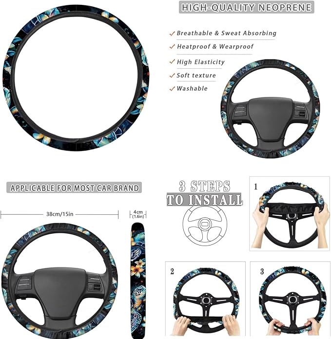 FKELYI Women Auto Fashion Seat Cushions and Headrest Pads, Sea Turtle Car Handbrake Cover with Gear Shifter Cover, Steering Wheel Protector, Cup Coasters