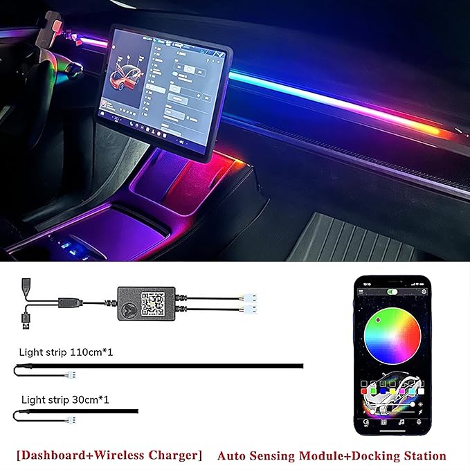 LED Car Ambient Lighting Strip for Tesla High Brightness with APP Control Multiple Colors and Car LED Strip Lighting Neon Lights for Model 3/Y (Dashboard)